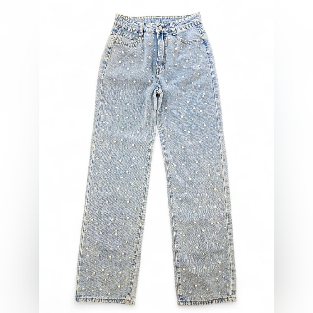 Pearl Embellished High Rise Light Wash Straight Leg Jeans XS Women’s